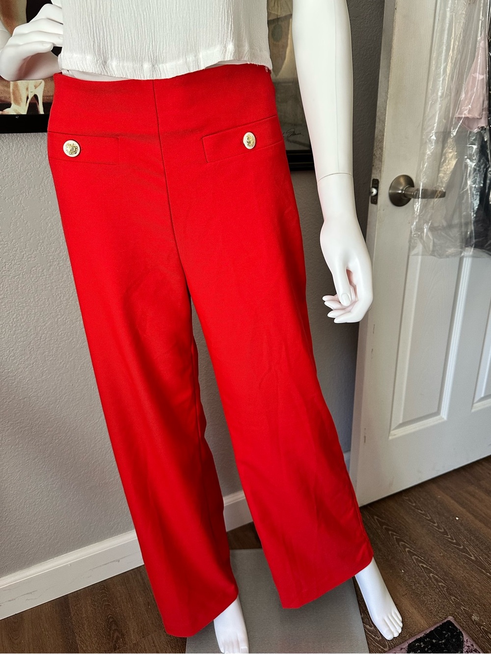 Ann Taylor Red Wide Leg Sailor Pants Gold Crest Buttons - Picture 3 of 9